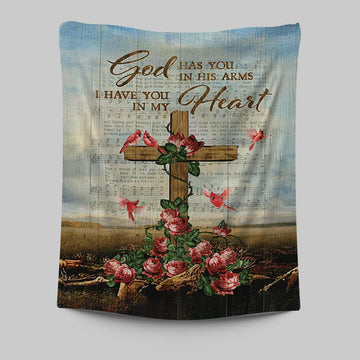 God Has You In His Arms Tapestry - Red Rose Cardinal Wooden Cross Tapestry Wall Art - Bible Verse Tapestry Art -  Christian Indoor Wall Tapestries