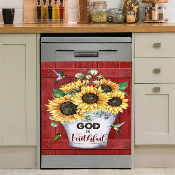 God Is Faithful Sunflower Hummingbird Dishwasher Cover, Bible Verse Dishwasher Stickers, Inspirational Kitchen Decor
