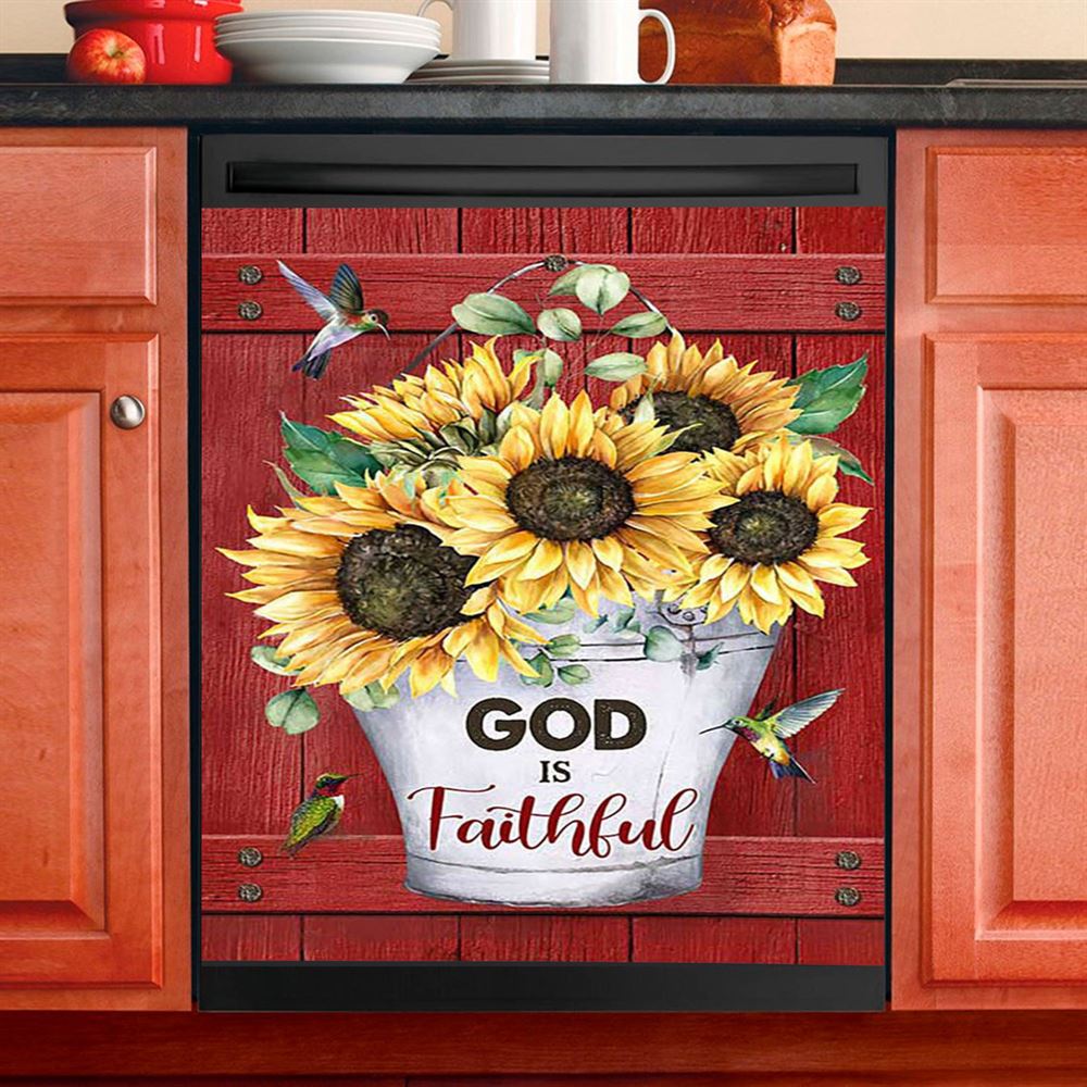 God Is Faithful Sunflower Hummingbird Dishwasher Cover, Bible Verse Dishwasher Stickers, Inspirational Kitchen Decor