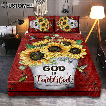 God Is Faithful Sunflower Hummingbird Quilt Bedding Set Bedroom - Bible Verse Quilt Bedding Set Art - Christian Home Decor