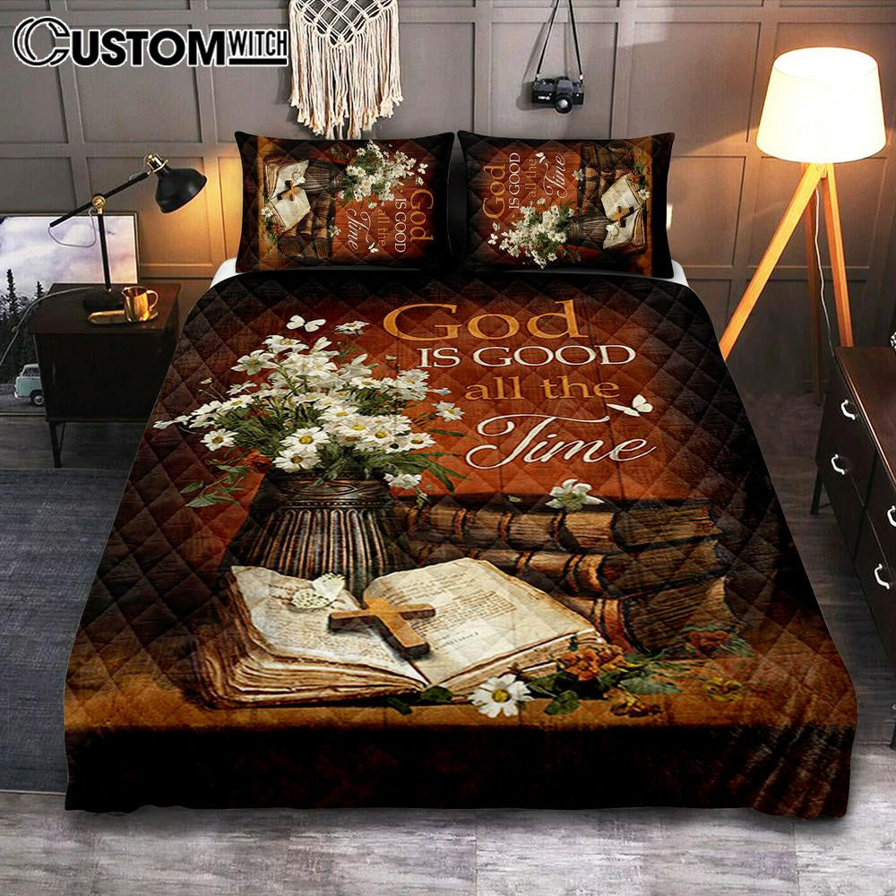 God Is Good All The Time Bible Daisy Vase Vintage White Butterfly Quilt Bedding Set Bedroom - Christian Quilt Bedding Set Prints - Bible Verse Quilt Bedding Set Art