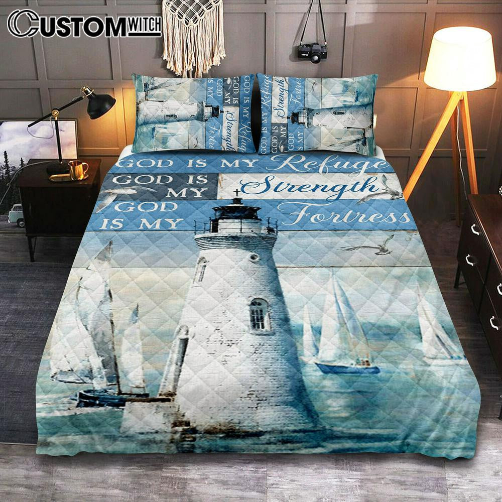 God Is My Refuge God Is My Strength God Is My Fortress Lighthouse Quilt Bedding Set Bedroom - Christian Bedroom Decor - Religious Quilt Bedding Set Prints