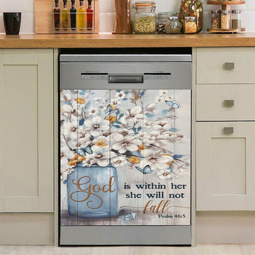God Is Within Her Jasmine Flower Blue Vase Butterfly Dishwasher Cover, Christian Dishwasher Stickers, Religious Kitchen Decor