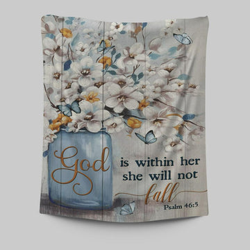 God Is Within Her Jasmine Flower Blue Vase Butterfly Tapestry Wall Art - Christian Wall Art Decor - Religious Tapestries Wall Hanging Prints