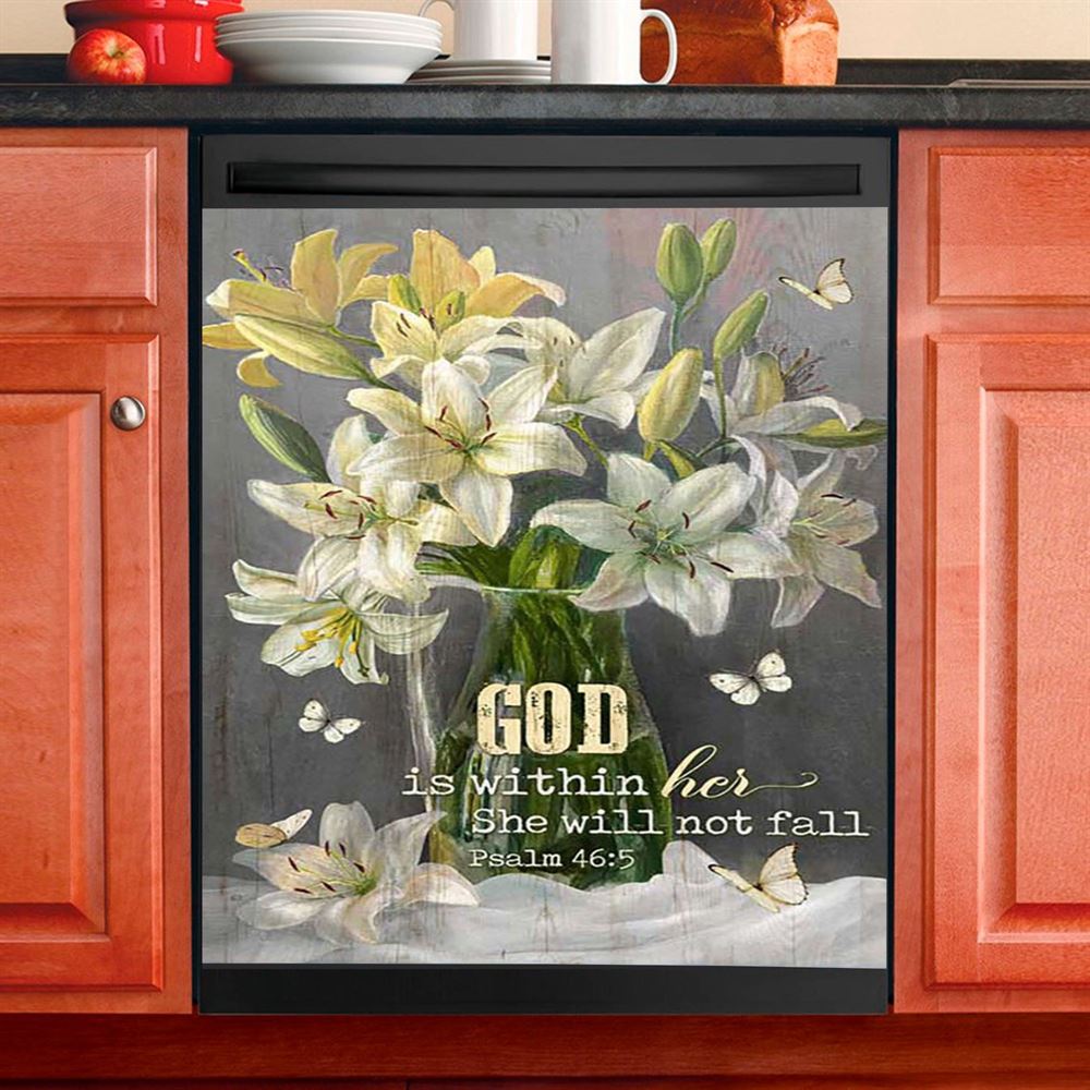 God Is Within Her Lily Flower Dishwasher Cover, Bible Verse Dishwasher Stickers, Christian Inspirational Kitchen Decor