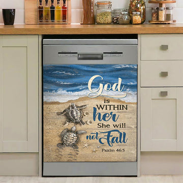God Is Within Her Sand Beach Sea Turtle Dishwasher Cover, Christian Dishwasher Stickers, Bible Verse Kitchen Decor