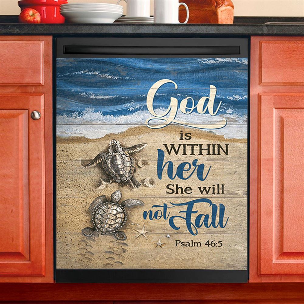 God Is Within Her Sand Beach Sea Turtle Dishwasher Cover, Christian Dishwasher Stickers, Bible Verse Kitchen Decor