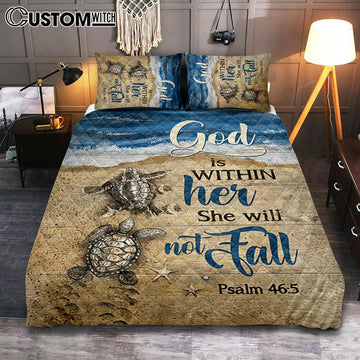 God Is Within Her Sand Beach Sea Turtle Quilt Bedding Set Bedroom - Christian Quilt Bedding Set Prints - Bible Verse Quilt Bedding Set Art