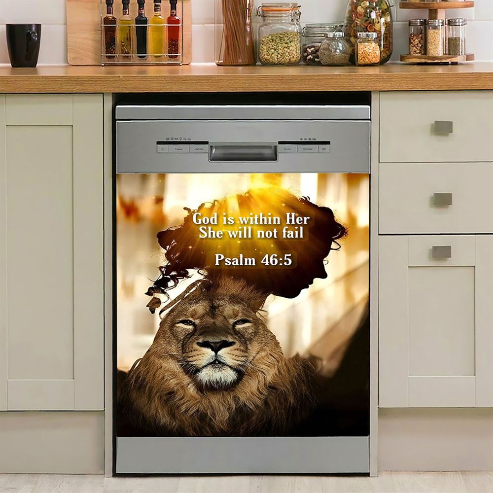 God Is Within Her She Will Not Fail Lion Dishwasher Cover, Lion Dishwasher Stickers, Christian Inspirational Kitchen Decor