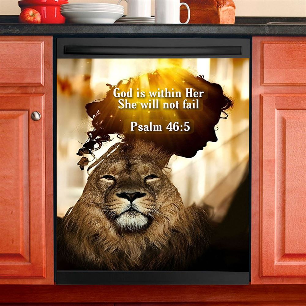 God Is Within Her She Will Not Fail Lion Dishwasher Cover, Lion Dishwasher Stickers, Christian Inspirational Kitchen Decor
