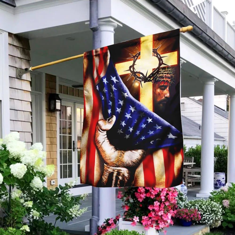 God Jesus Cross American US Garden Flag, Christian Flag, Scripture Flag, Garden Banner