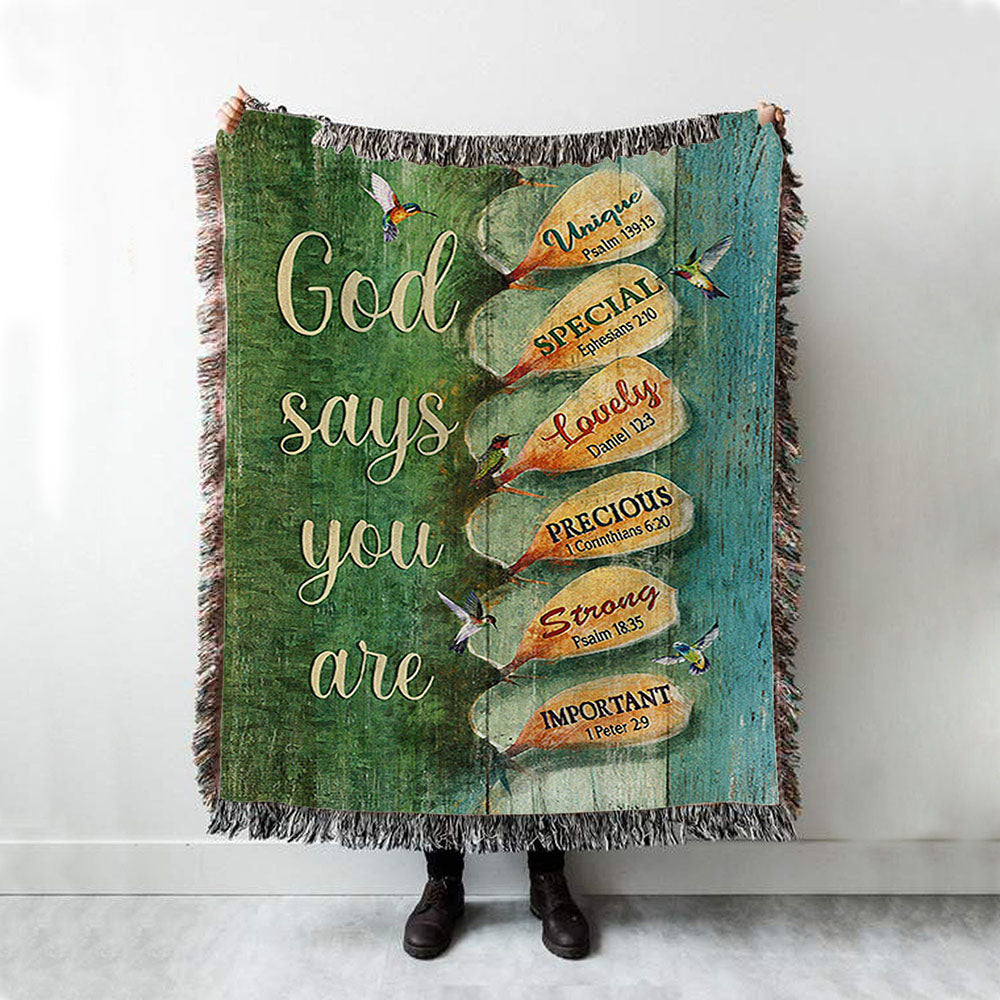God Say You Are Hummingbirds Cactus Woven Blanket Art - Bible Verse Throw Blanket - Christian Inspirational Boho Blanket