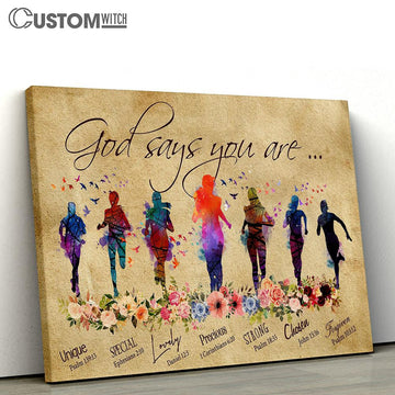 God Says You Are - Colorful Running Girl Canvas Wall Art - Christian Wall Canvas - Scripture Canvas Prints