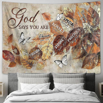 God Says You Are Autumn Leaves White Butterfly Tapestry Wall Art - Bible Verse Tapestry - Religious Tapestry Wall Hanging