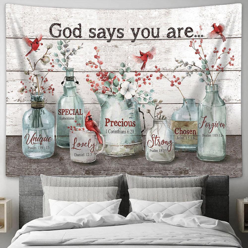 God Says You Are Baby Flower Cardinal Tapestry Wall Art - Bible Verse Tapestry - Religious Tapestry Wall Hanging