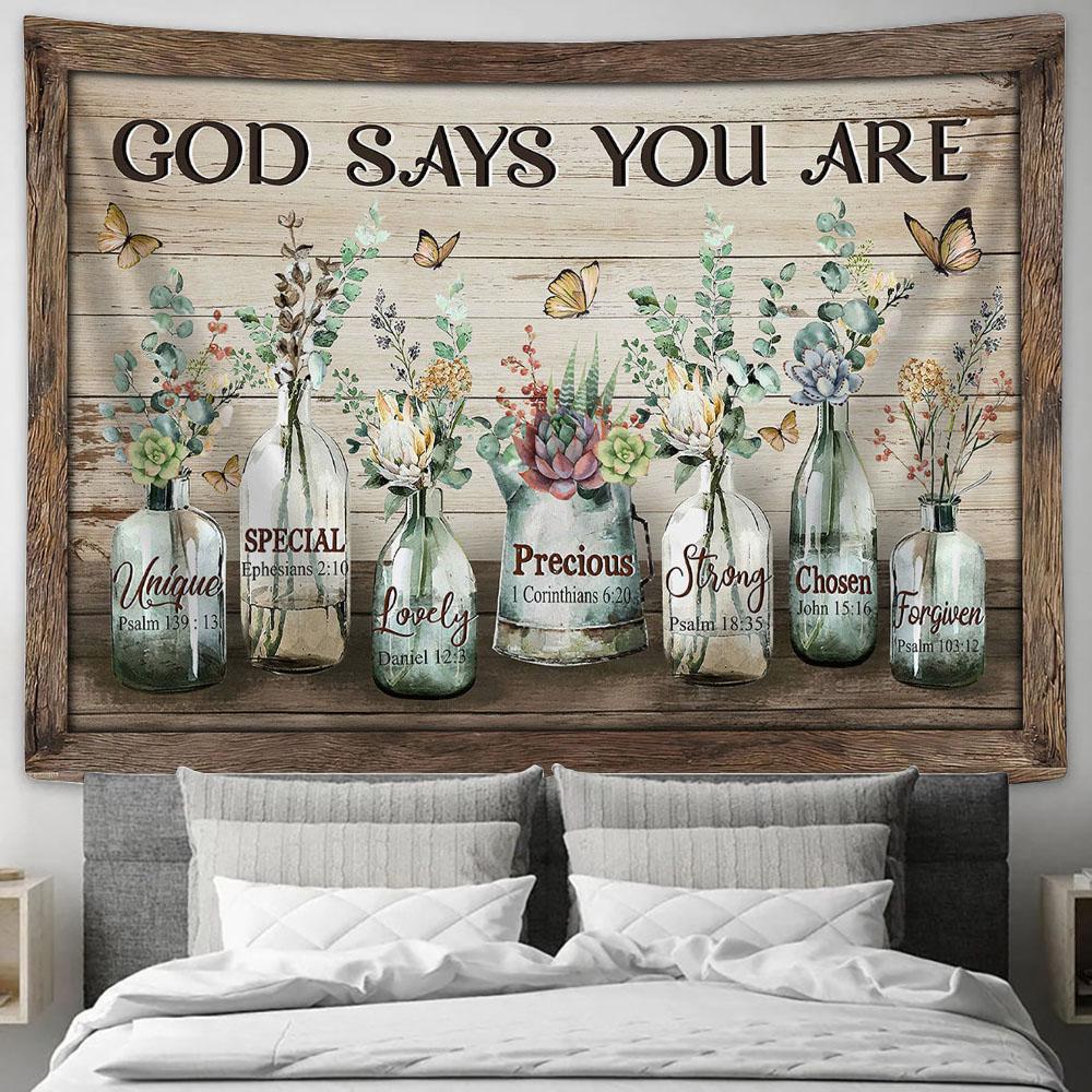 God Says You Are Baby Flower Vintage Garden Yellow Butterfly Tapestry Wall Art - Bible Verse Tapestry - Religious Tapestry Wall Hanging