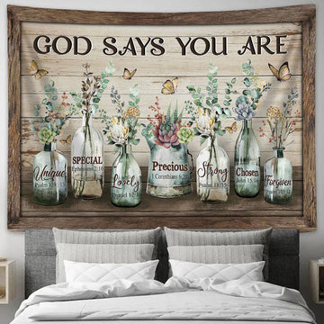 God Says You Are Baby Flower Vintage Garden Yellow Butterfly Tapestry Wall Art - Bible Verse Tapestry - Religious Tapestry Wall Hanging