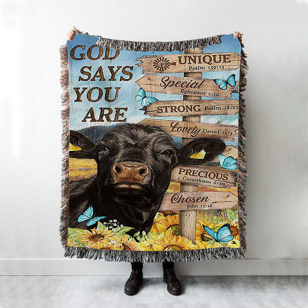 God Says You Are Black Cow Sunflower Field Woven Throw Blanket - Bible Verse Woven Blanket Art - Inspirational Art - Christian Home Decor
