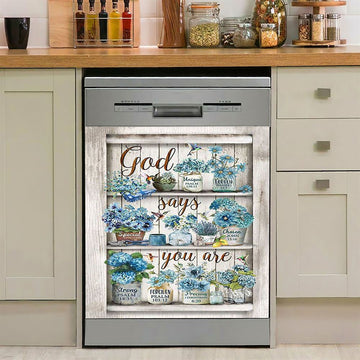 God Says You Are Blue Flower Hummingbird Dishwasher Cover, Bible Verse Dishwasher Stickers, Inspirational Kitchen Decor