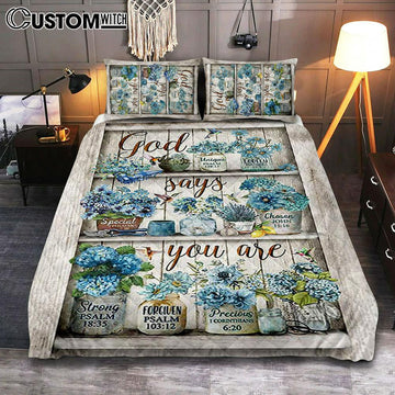 God Says You Are Blue Flower Hummingbird Quilt Bedding Set Bedroom - Bible Verse Quilt Bedding Set Art - Christian Home Decor