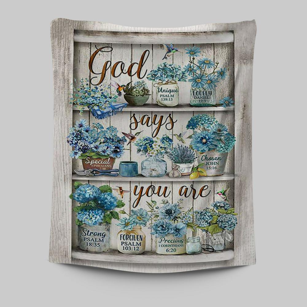 God Says You Are Blue Flower Hummingbird Tapestry Wall Art - Bible Verse Tapestry Art - Inspirational Art -  Christian Indoor Wall Tapestries