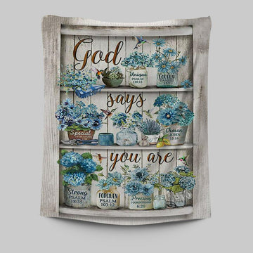 God Says You Are Blue Flower Hummingbird Tapestry Wall Art - Bible Verse Tapestry Art - Inspirational Art -  Christian Indoor Wall Tapestries