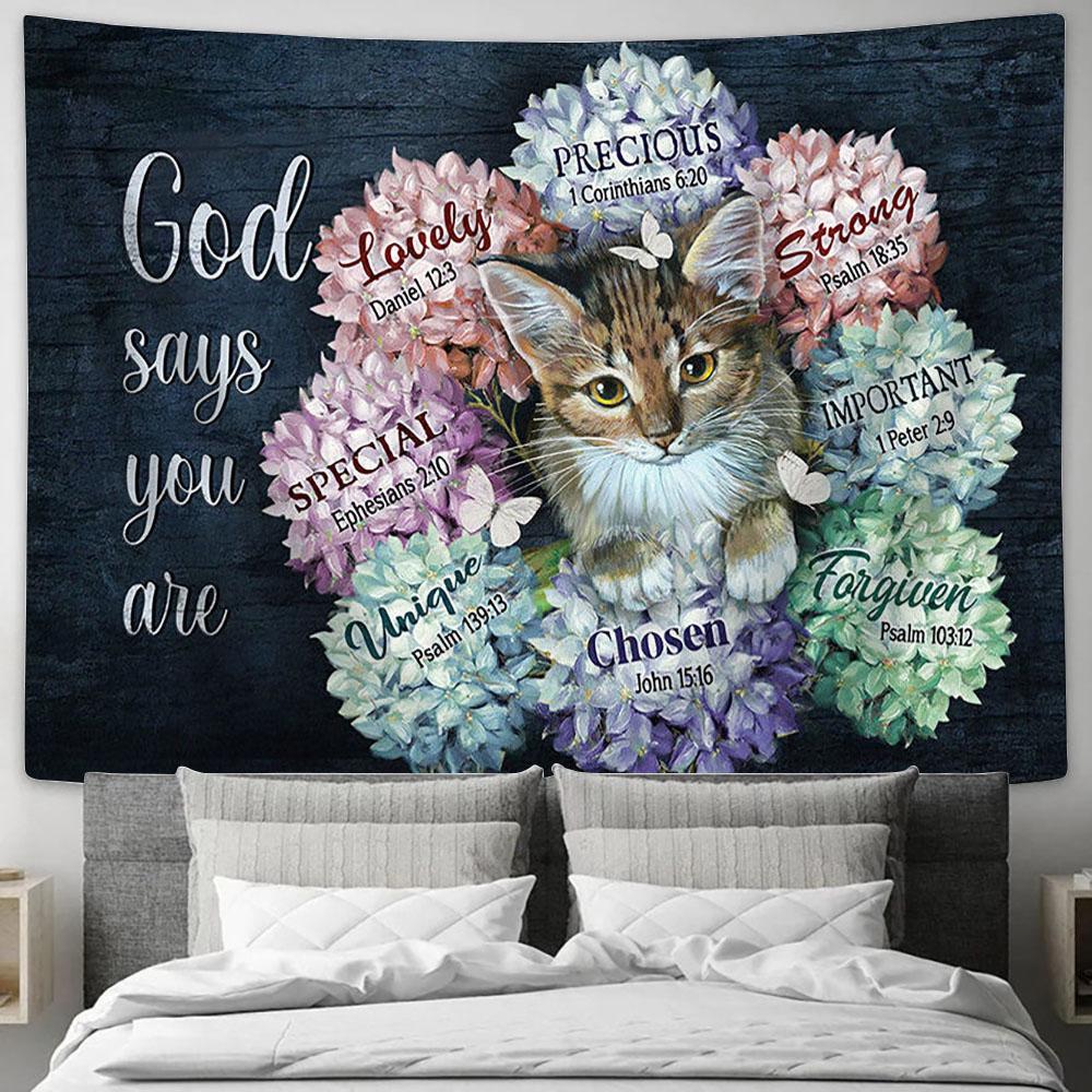 God Says You Are Cat Hydrangea Butterfly Tapestry Wall Art - Bible Verse Tapestry - Religious Tapestry Wall Hanging