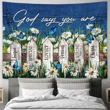 God Says You Are Daisy Garden Butterfly Tapestry Wall Art - Bible Verse Tapestry - Religious Tapestry Wall Hanging