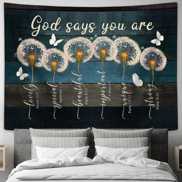 God Says You Are Dandelion Butterfly Tapestry Wall Art - Bible Verse Tapestry - Religious Tapestry Wall Hanging