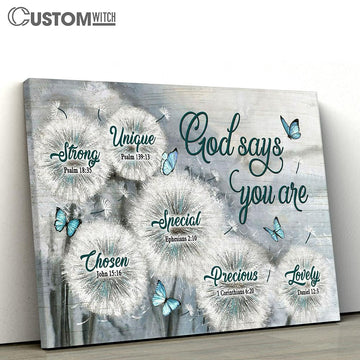 God Says You Are Dandelion Field Blue Butterfly Canvas Wall Art - Bible Verse Canvas - Religious Prints