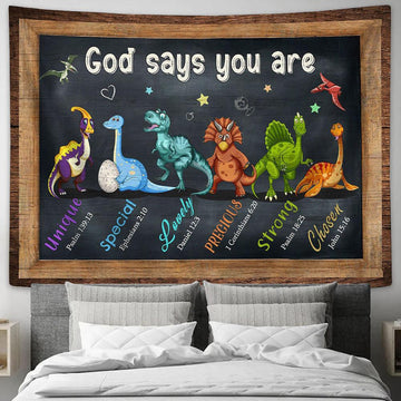 God Says You Are Dinosaur Little Star Tapestry Wall Art - Bible Verse Tapestry - Religious Tapestry Wall Hanging