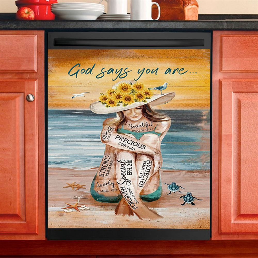 God Says You Are Dishwasher Cover Beautiful Girl On The Beach Dishwasher Cover, Christian Dishwasher Stickers, Bible Verse Kitchen Decor
