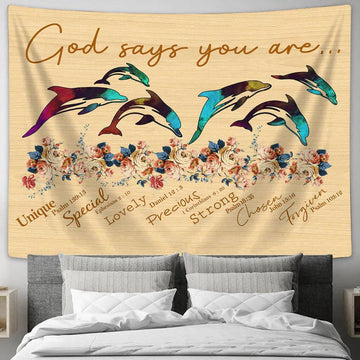 God Says You Are Dolphin Tapestry Wall Art - Christian Wall Tapestry - Scripture Tapestry Prints