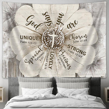 God Says You Are Flower Vintage Tapestry Wall Art - Bible Verse Tapestry - Religious Tapestry Wall Hanging