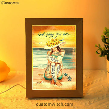God Says You Are Frame Lamp Beautiful Girl On The Beach Frame Lamp Art - Christian Night Light - Bible Verse Wooden Lamp