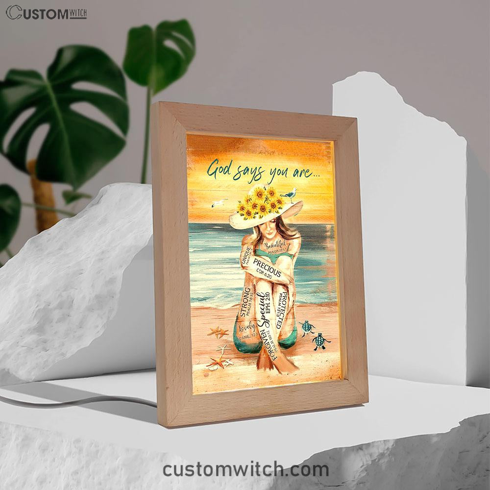 God Says You Are Frame Lamp Beautiful Girl On The Beach Frame Lamp Art - Christian Night Light - Bible Verse Wooden Lamp