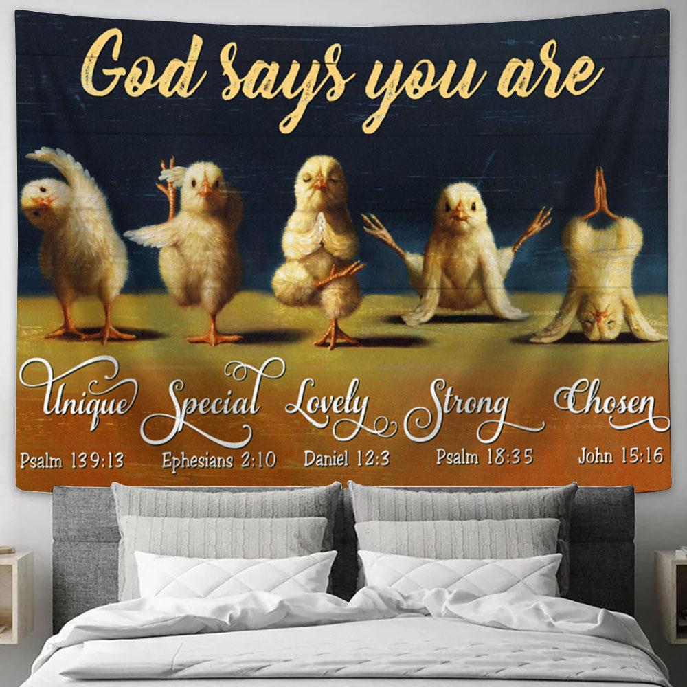 God Says You Are Funny Chicken Yoga Large Tapestry Art - Christian Wall Art Home Decor - Religious Tapestry Prints