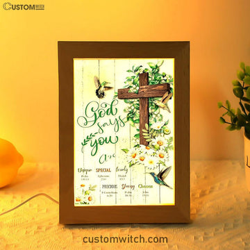 God Says You Are Hummingbird Daisy Frame Lamp Art - Christian Night Light Decor