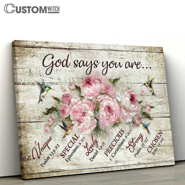 God Says You Are Hummingbird Pink Flower Canvas Wall Art - Bible Verse Canvas - Religious Prints