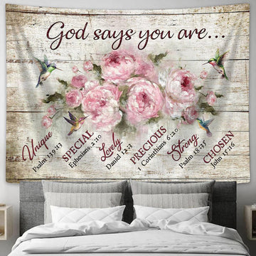 God Says You Are Hummingbird Pink Flower Tapestry Wall Art - Bible Verse Tapestry - Religious Tapestry Wall Hanging