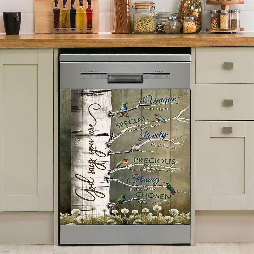 God Says You Are Hummingbird Sunflower Christian Dishwasher Cover, Bible Verse Dishwasher Stickers, Scripture Kitchen Decor