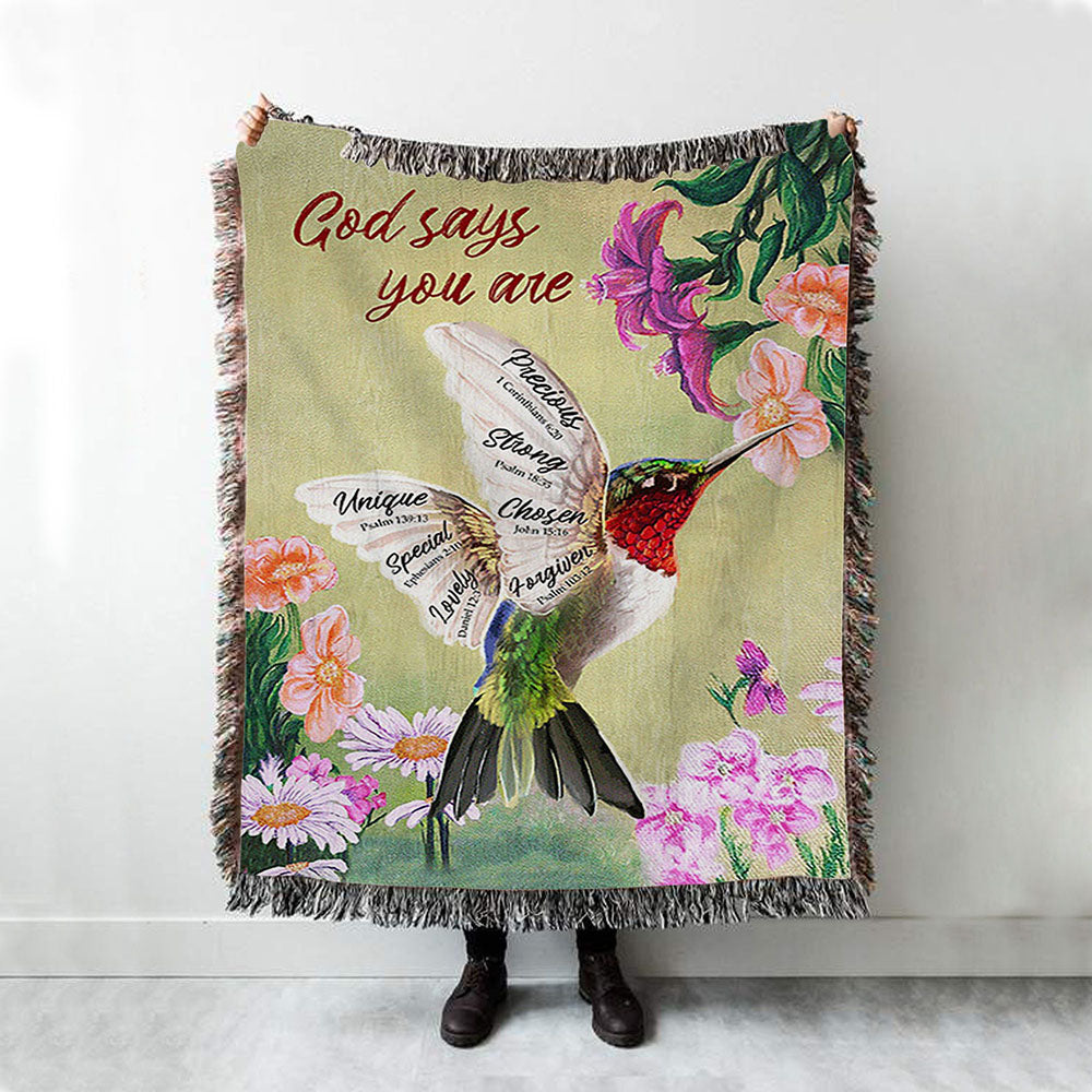 God Says You Are Hummingbird Woven Blanket Art - Bible Verse Throw Blanket - Christian Inspirational Boho Blanket