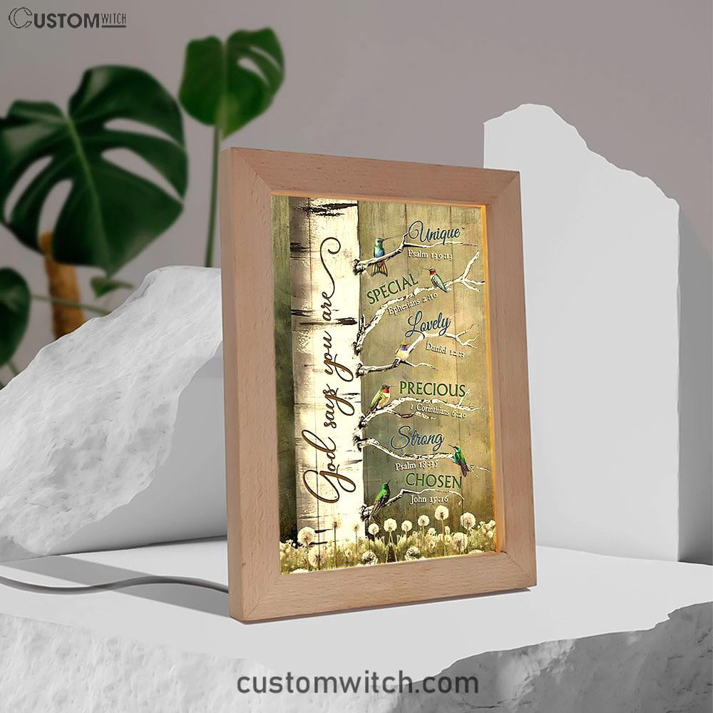 God Says You Are Hummingbirds Dandelion Frame Lamp Art - Bible Verse Wooden Lamp - Inspirational Art - Christian Home Decor