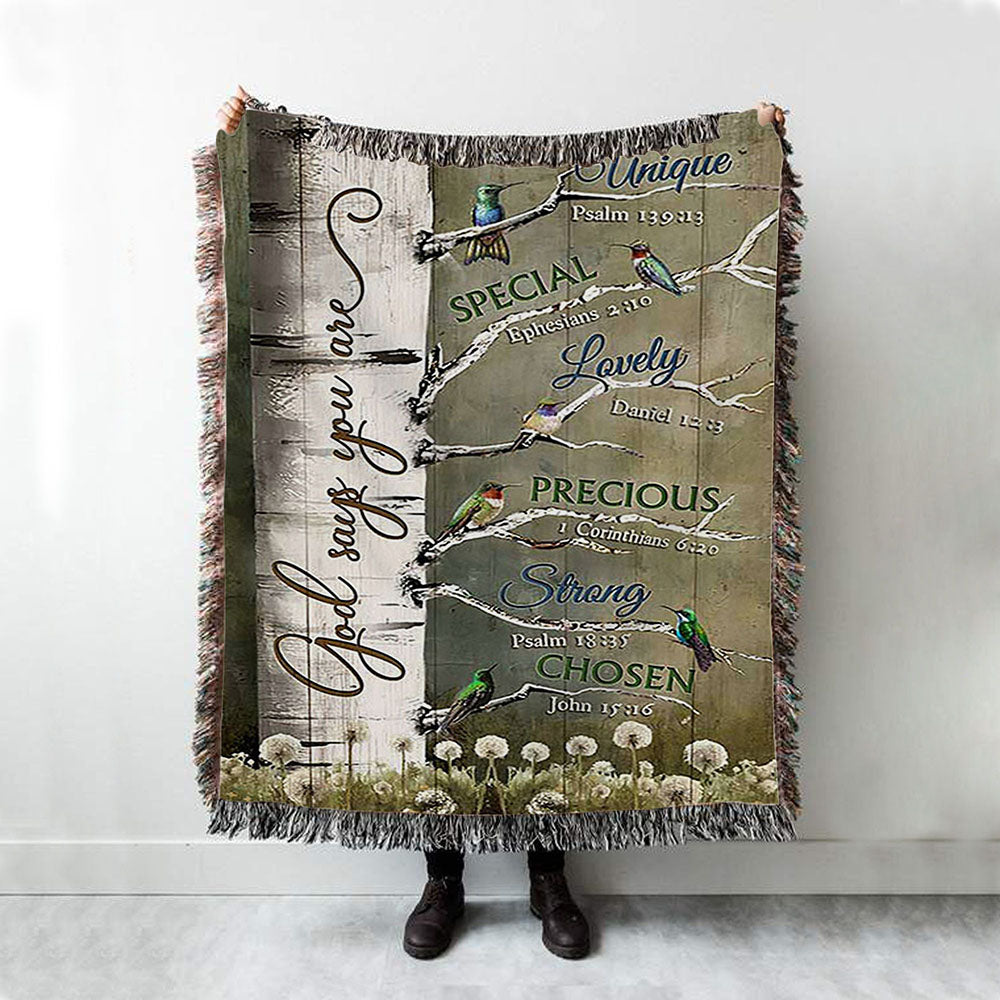 God Says You Are Hummingbirds Dandelion Woven Throw Blanket - Bible Verse Woven Blanket Art - Inspirational Art - Christian Home Decor