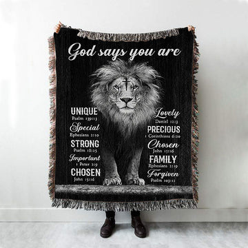 God Says You Are Lion Of Judah Cross Woven Blanket Art - Bible Verse Throw Blanket - Christian Inspirational Boho Blanket