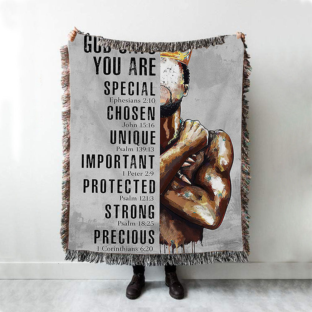 God Says You Are Motivational Black Woven Blanket Art - African American Throw Blanket