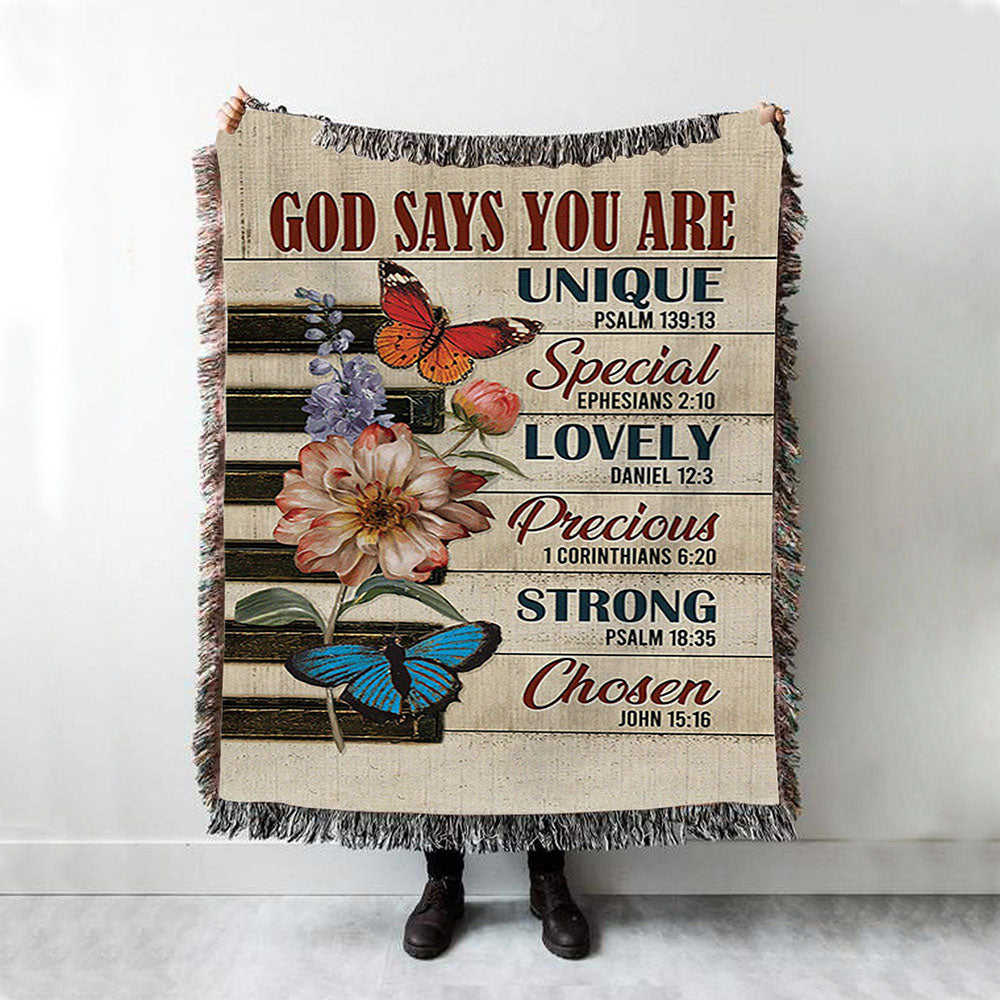 God Says You Are Piano Keys Gorgeous Butterfly Bible Verse Flowers Woven Throw Blanket - Christian Woven Blanket Prints