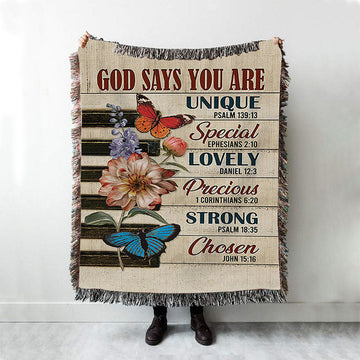 God Says You Are Piano Keys Gorgeous Butterfly Bible Verse Flowers Woven Throw Blanket - Christian Woven Blanket Prints