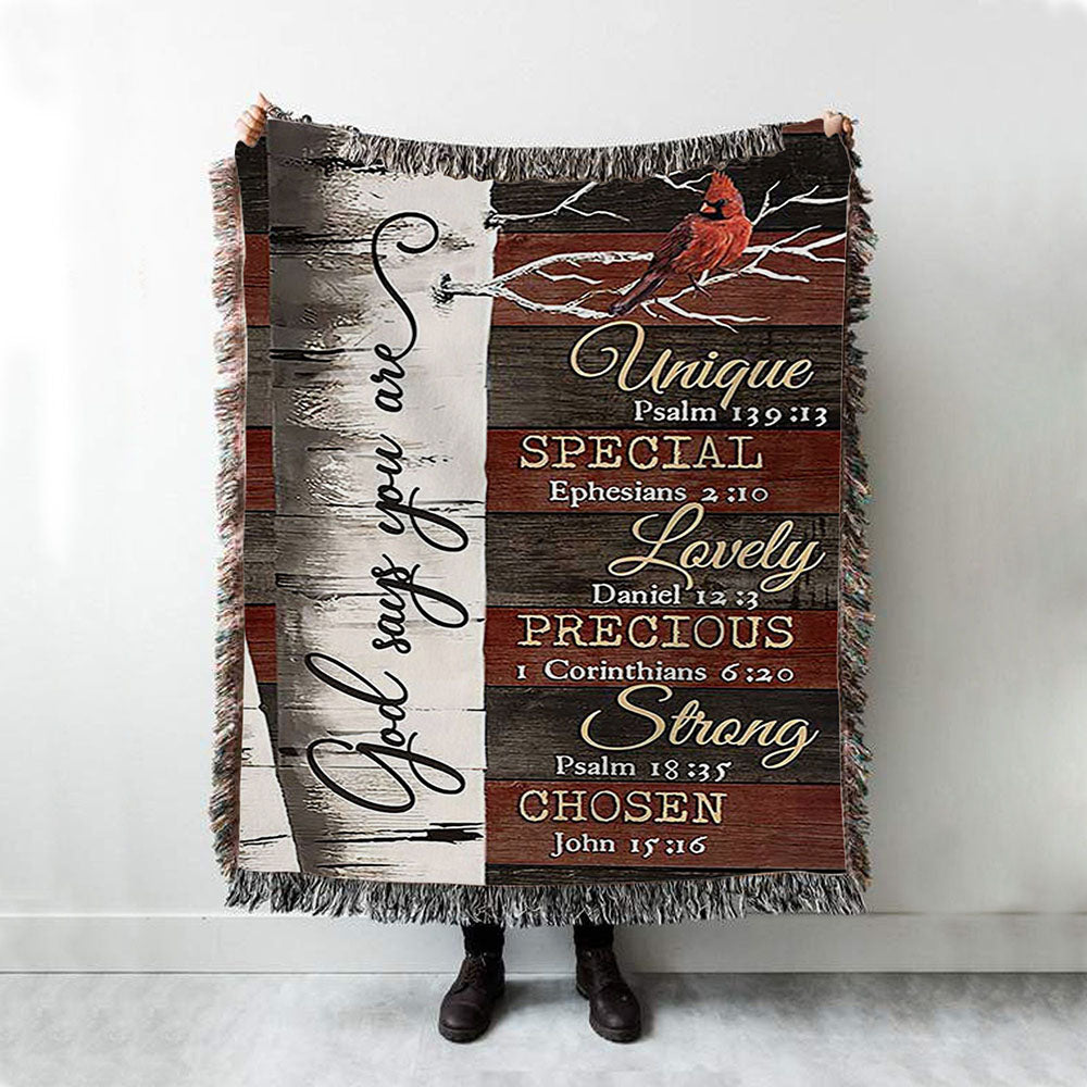 God Says You Are Red Cardinal Woven Throw Blanket - Bible Verse Woven Blanket Art - Inspirational Art - Christian Home Decor