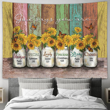 God Says You Are Sunflower Butterfly Tapestry Prints - Religious Tapestry Art - Christian Home Decor